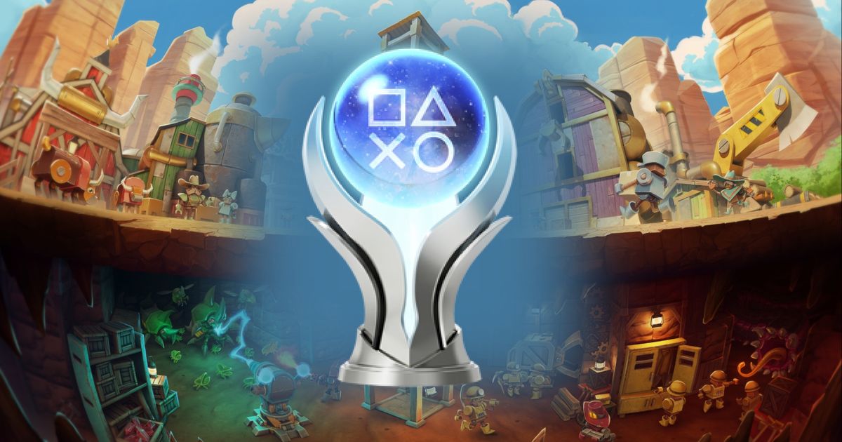 A PlayStation platinum trophy against a SteamWorld Build key art background