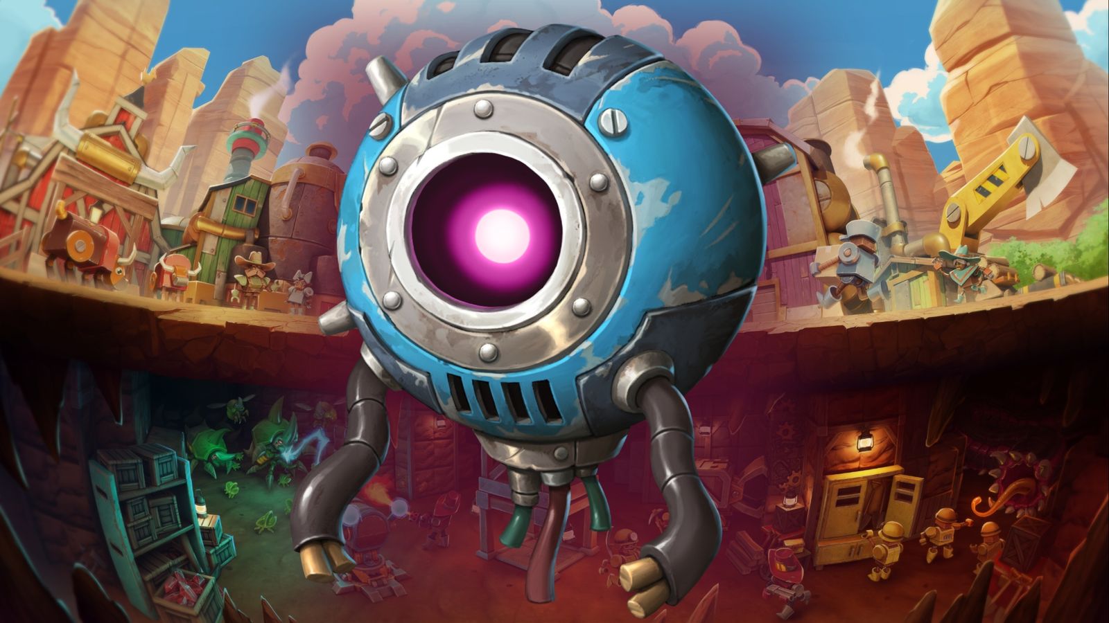 SteamWorld Build character Core against a background of the game's key art