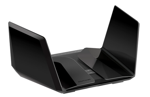 Netgear Nighthawk RAXE500 product image of a black router with two wing-shaped antenna either side.