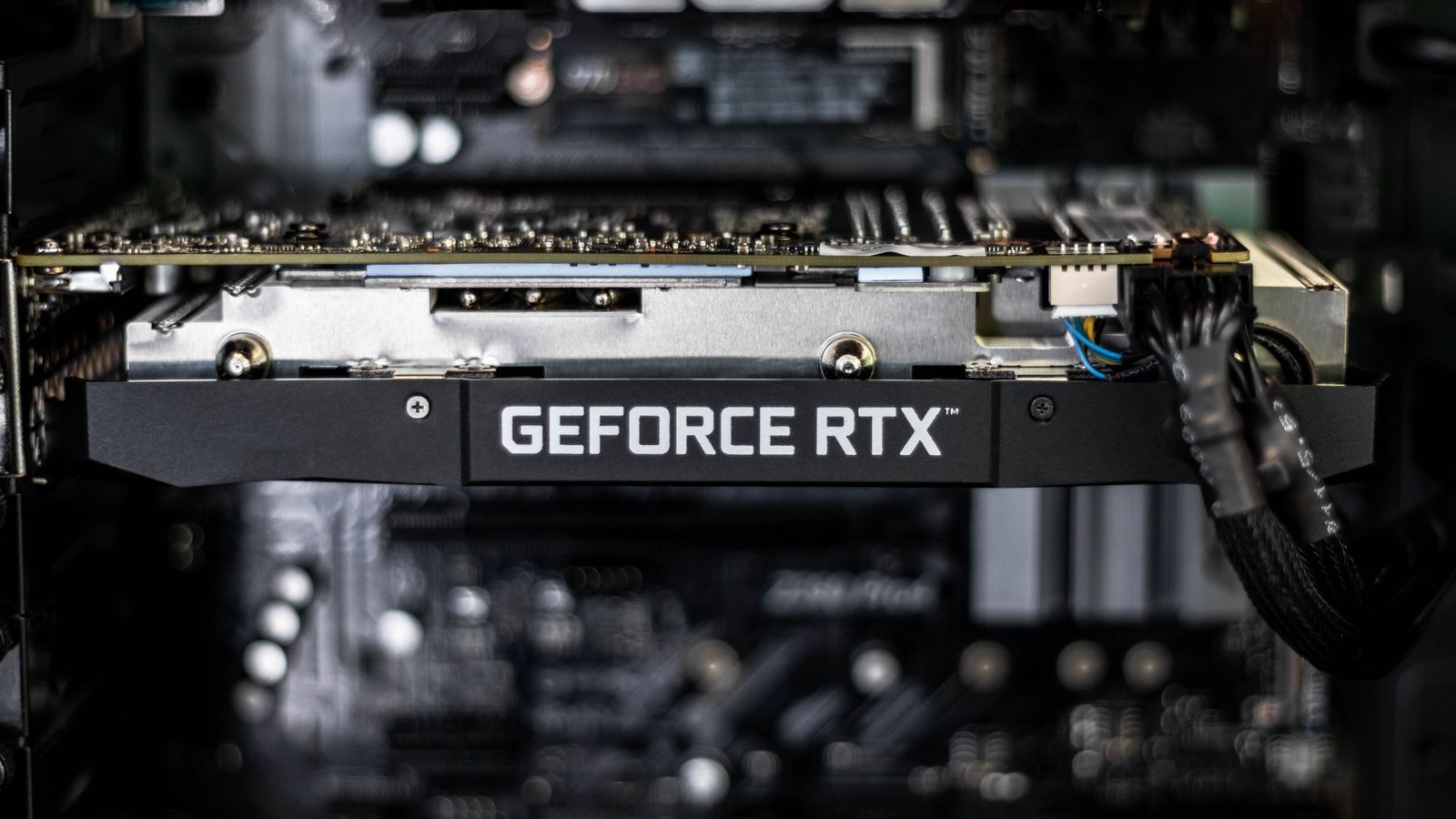 Close-up of a black Nvidia RTX 2060 graphics card.