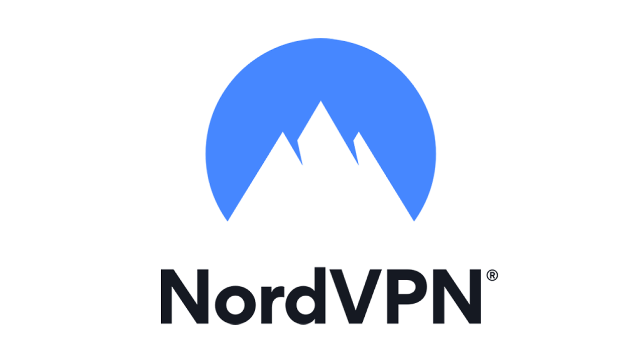 NordVPN logo in black below a blue circle with a reverse mountain image in it.