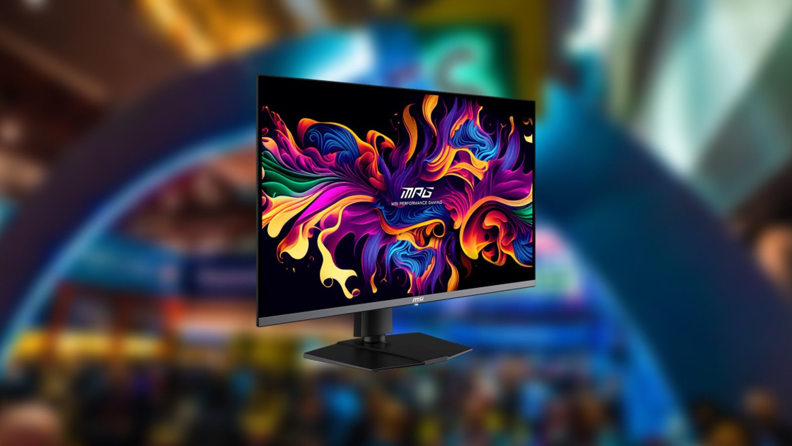 MSI MEG 321URX monitor in front of a blurred image of CES