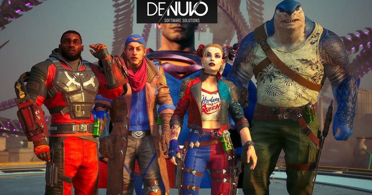 Suicide Squad characters from the game in front of a Superman with Denuvo logo on him