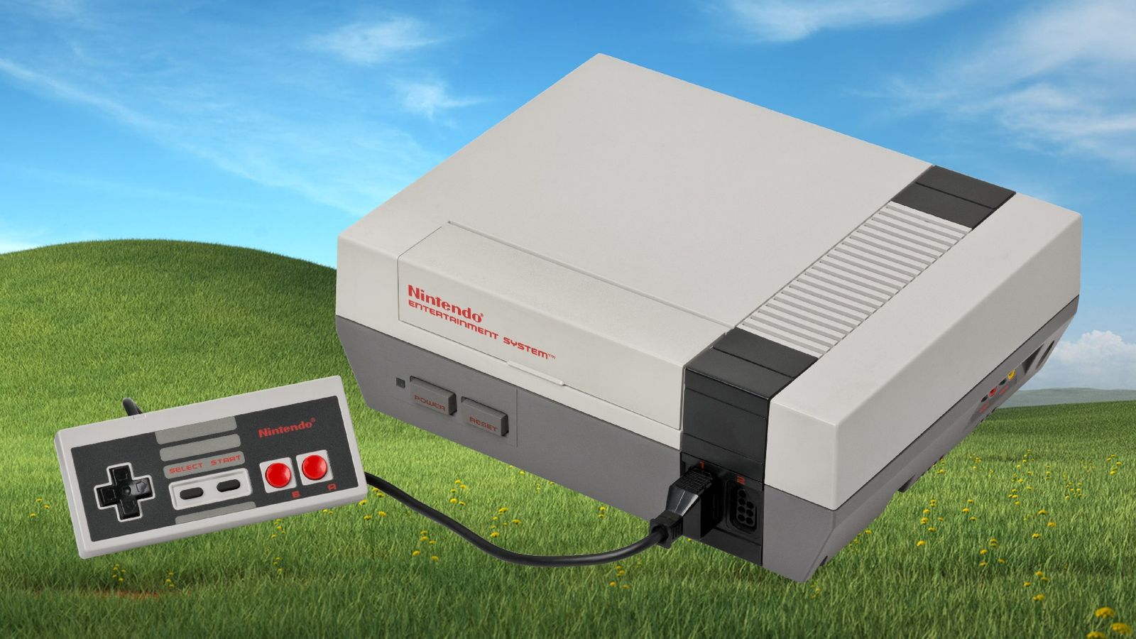 The old Microsoft hills background with a Nintendo NES in front of it