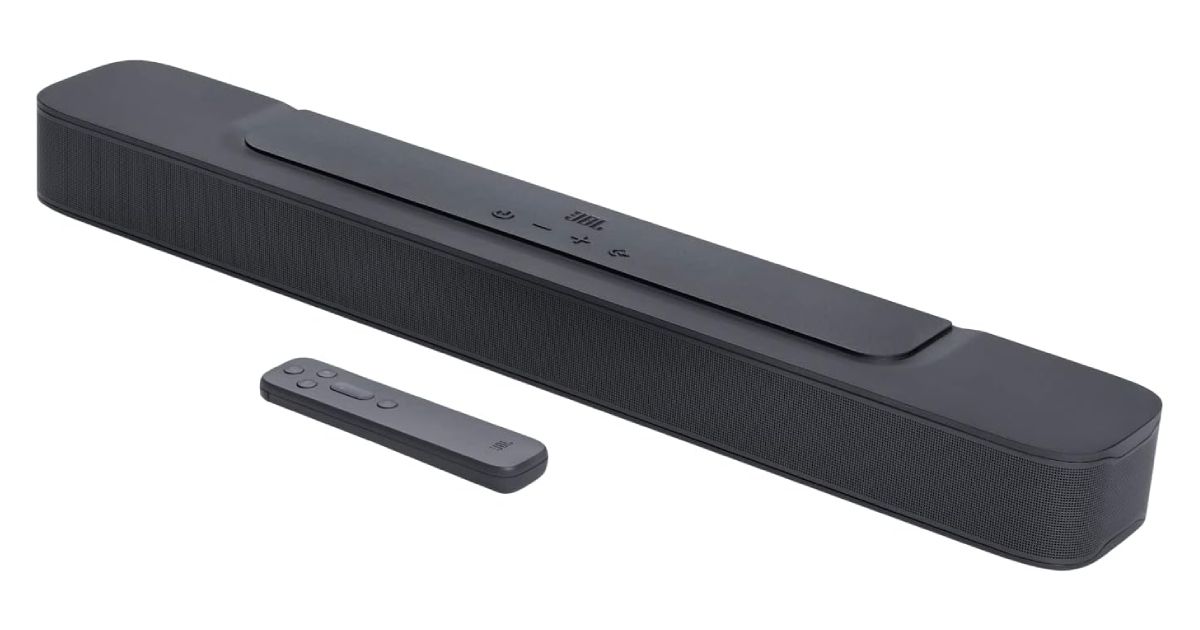 JBL Bar 2.0 All-In-One (MK2) product image of a long, black, rectangular soundbar with a remote in front of it.