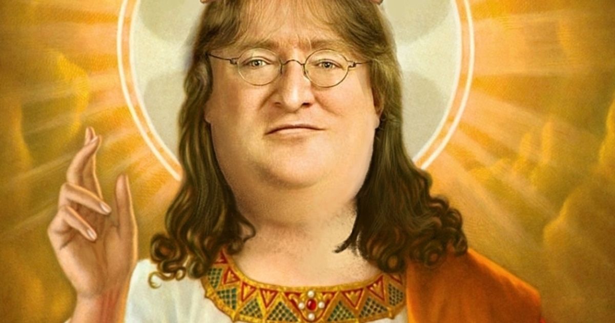 Steam Gabe Newell in a priest robe on a holy background 