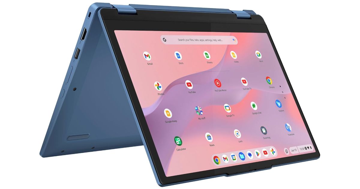 Lenovo Flex 3 Chromebook product image of a foldable blue and black laptop with various app logos on a pink and purple background on the display.