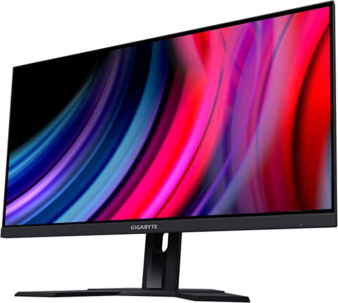 GIGABYTE M27Q X-EU product image of a black monitor with red, pink, purple, and blue streaky pattern on the display.
