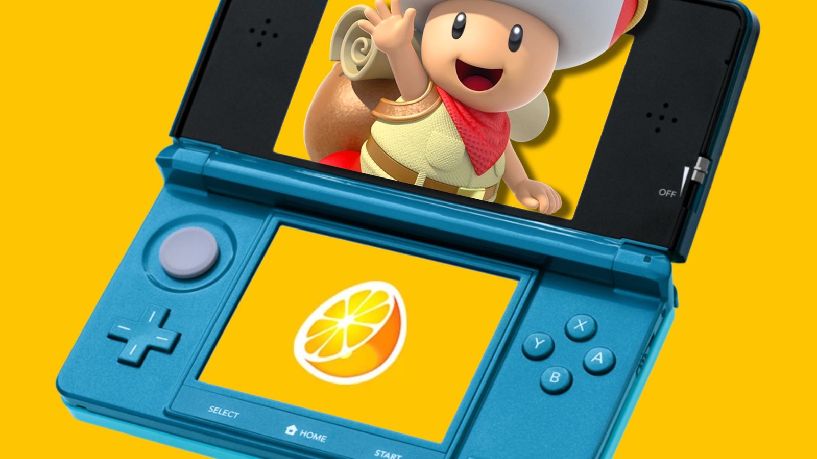 Captain Toad jumping out of a Nintendo 3DS console 