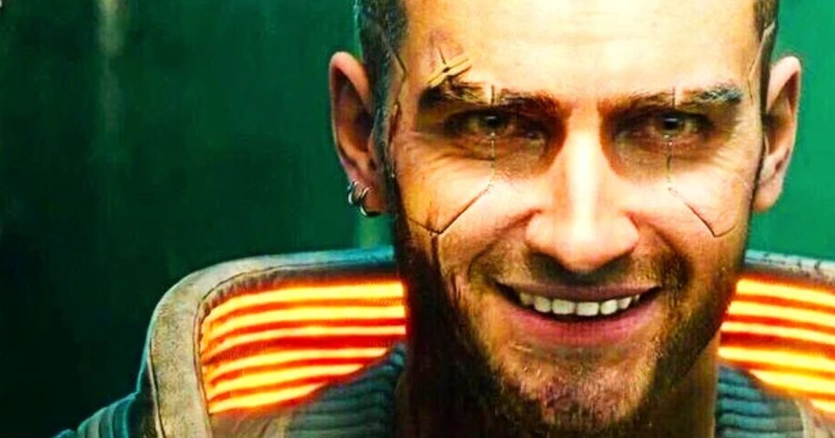 Cyberpunk 2077 protagonist male V smiling in the mirror 