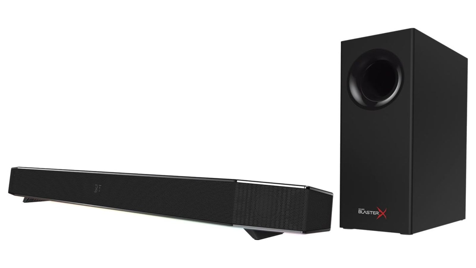 Sound BlasterX Katana product image of a long black soundbar next to a subwoofer.