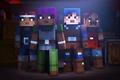 four Minecraft figures in a dimly lit room - how to turn off tips on Minecraft