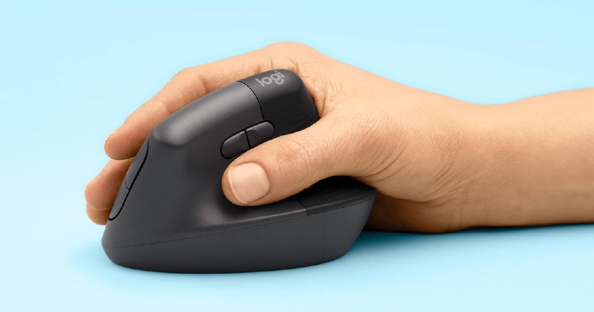 Someone with their hand on a black vertical mouse in front of a light blue background.