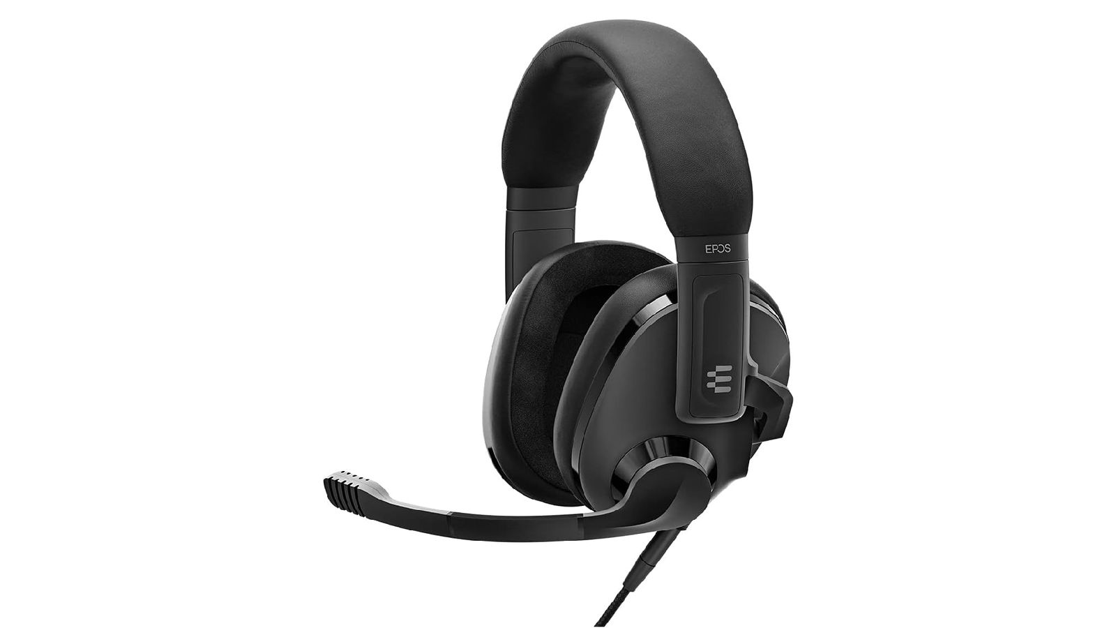 EPOS H3 product image of a black over-ear wired headset featuring a mic that extends around the front.