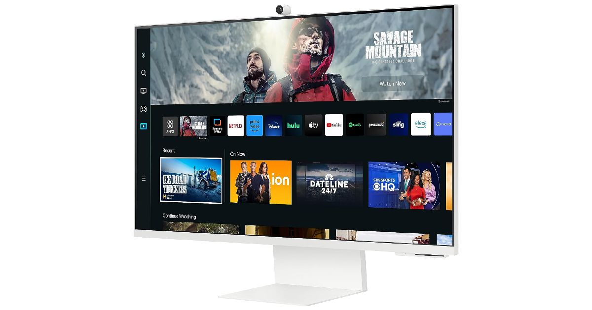 Samsung M80C product image of a white montior with streaming platforms up on the display.