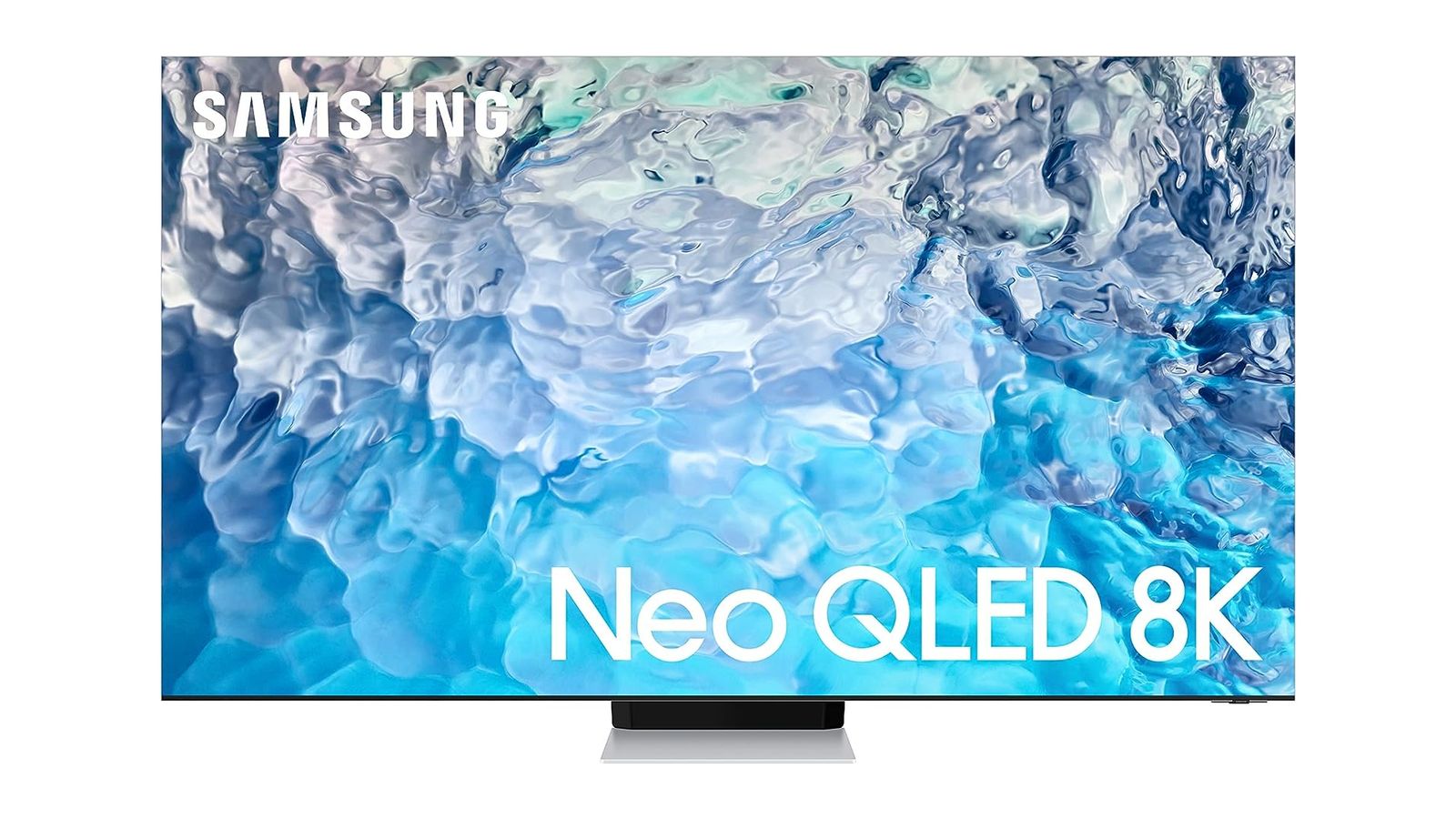 Samsung QN900B product image of a dark grey flatscreen TV with a light blue and white watery pattern on the display.