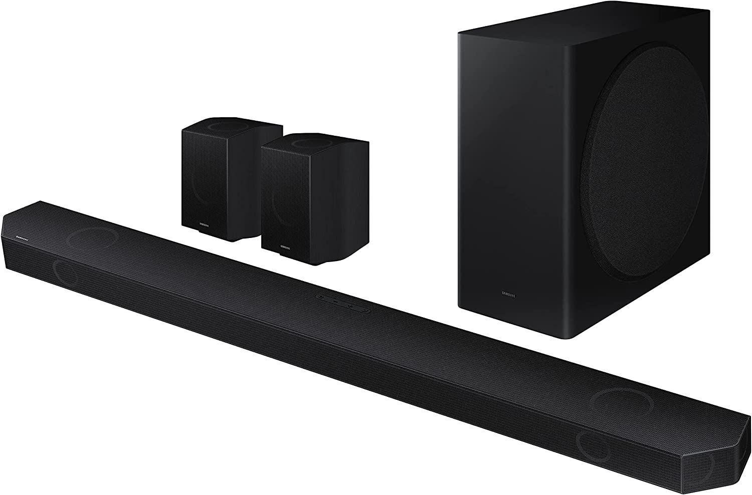 Samsung Q930C product image of a long black soundbar alongside two black speakers and a subwoofer.