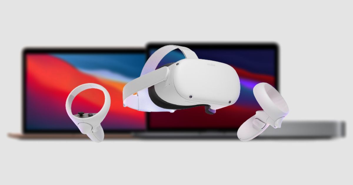 How to connect Oculus Quest 2 to Apple Mac or MacBook - An image of the Meta Quest 2 headset and controllers with Macs in background