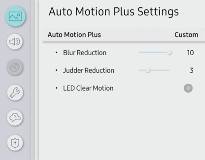 Samsung's Auto Motion Plus settings menu in grey with black writing.