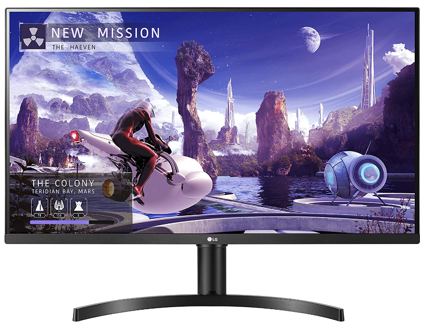 LG 32UL750-W product image of a black monitor with a Sci-Fi video game scene on the display.