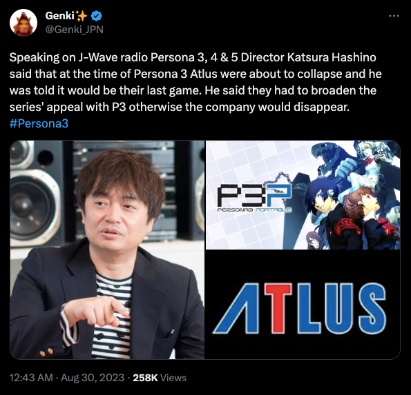 A Twitter user translates a Japanese interview about Persona 3 and Atlus.
