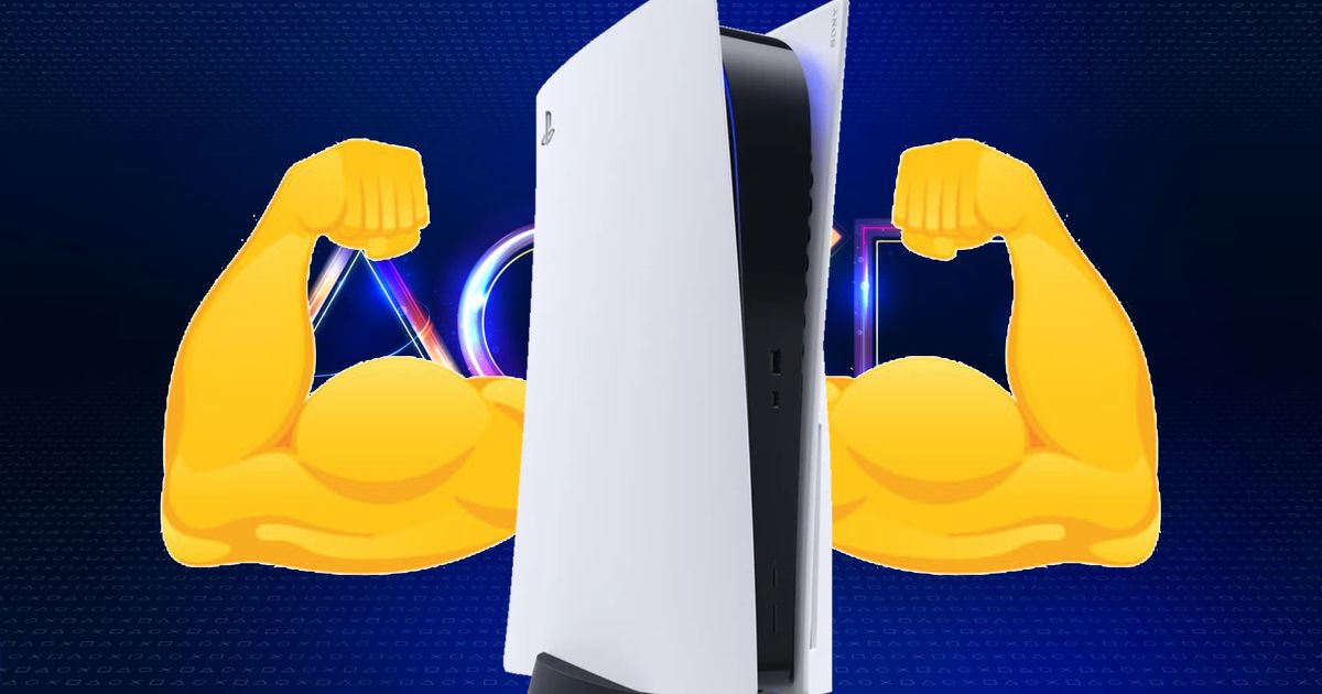 A PS5 console with two buff arm emojis coming out of its sides 