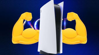 A PS5 console with two buff arm emojis coming out of its sides 