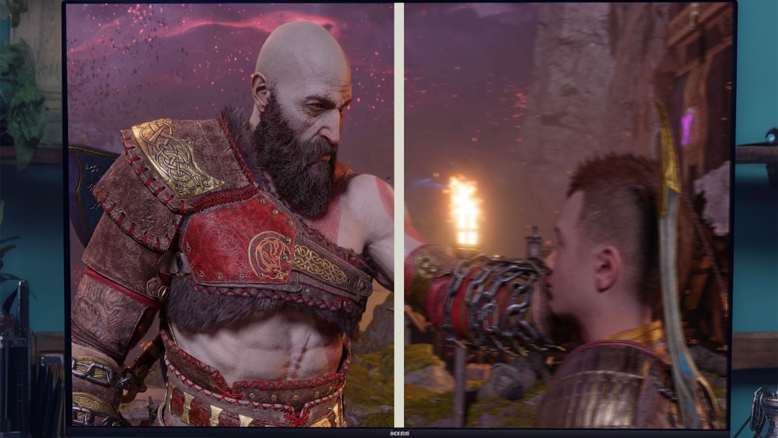 Side-by-side in-game image from God of War of Kratos in brown, red, and gold armour on the left holding Atreus on the right with a slight blur. 