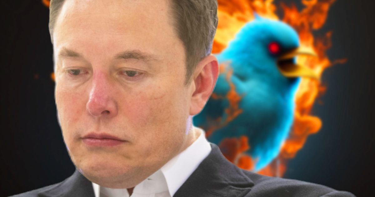 Twitter CEO Elon Musk looking sad on top of a flaming Twitter bird icon 