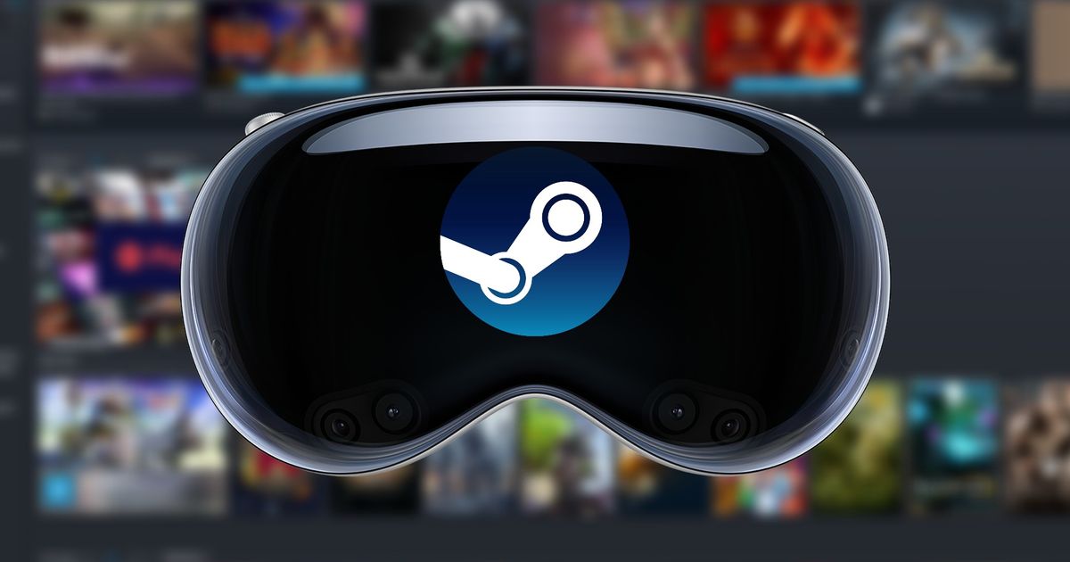 Apple Vision Pro with the Steam logo in the centre, in front of a Steam library