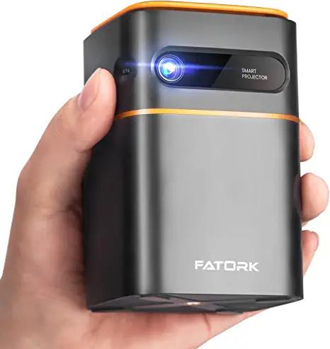 FATORK 5G Wi-Fi DLP product image of a small black projector in a hand featuring orange line details.