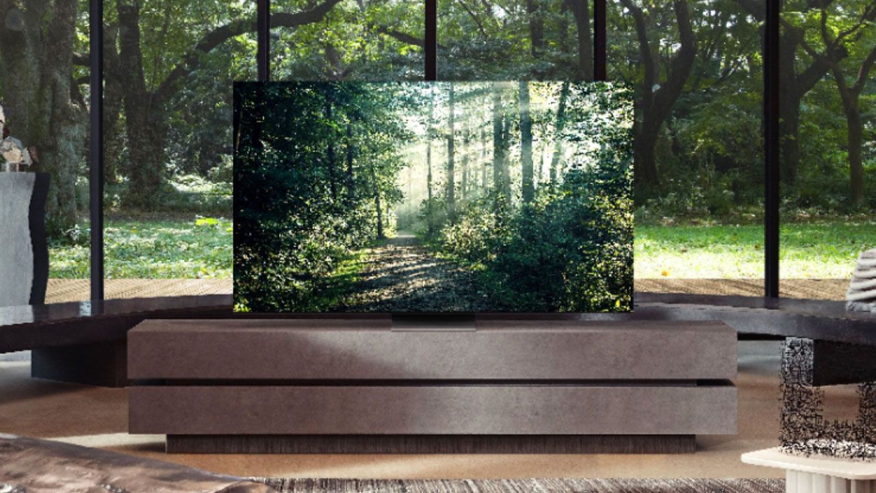 A flatscreen TV with a forest scene on the display sat on a brown stand in front of a window looking out onto a forest.