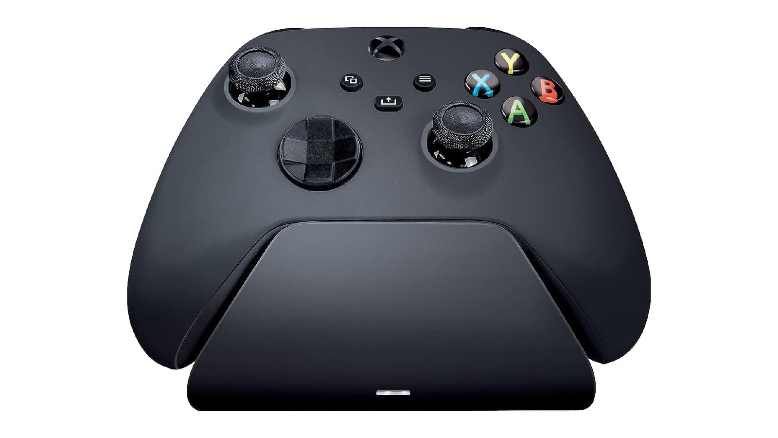 Razer Universal Quick Charging Stand product image of a black Xbox controller placed on a black charging stand.