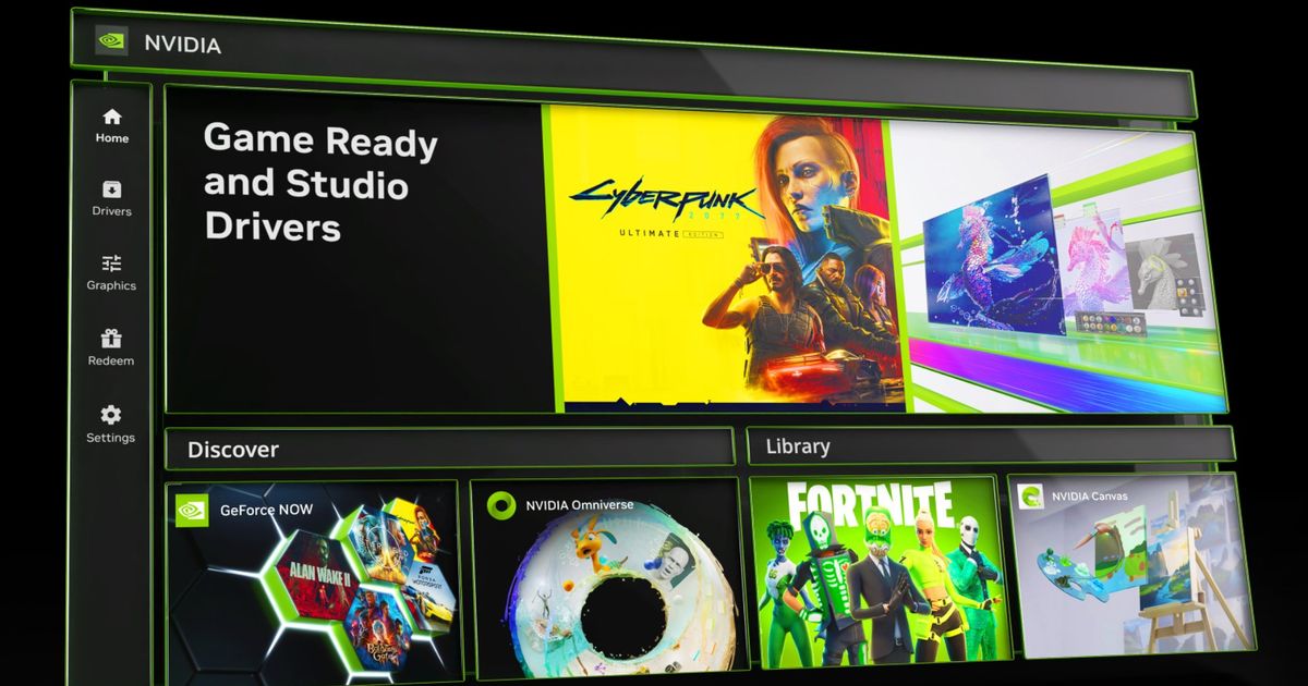 nvidia app promo first page green panels, black background, cyberpunk and fortnite drivers