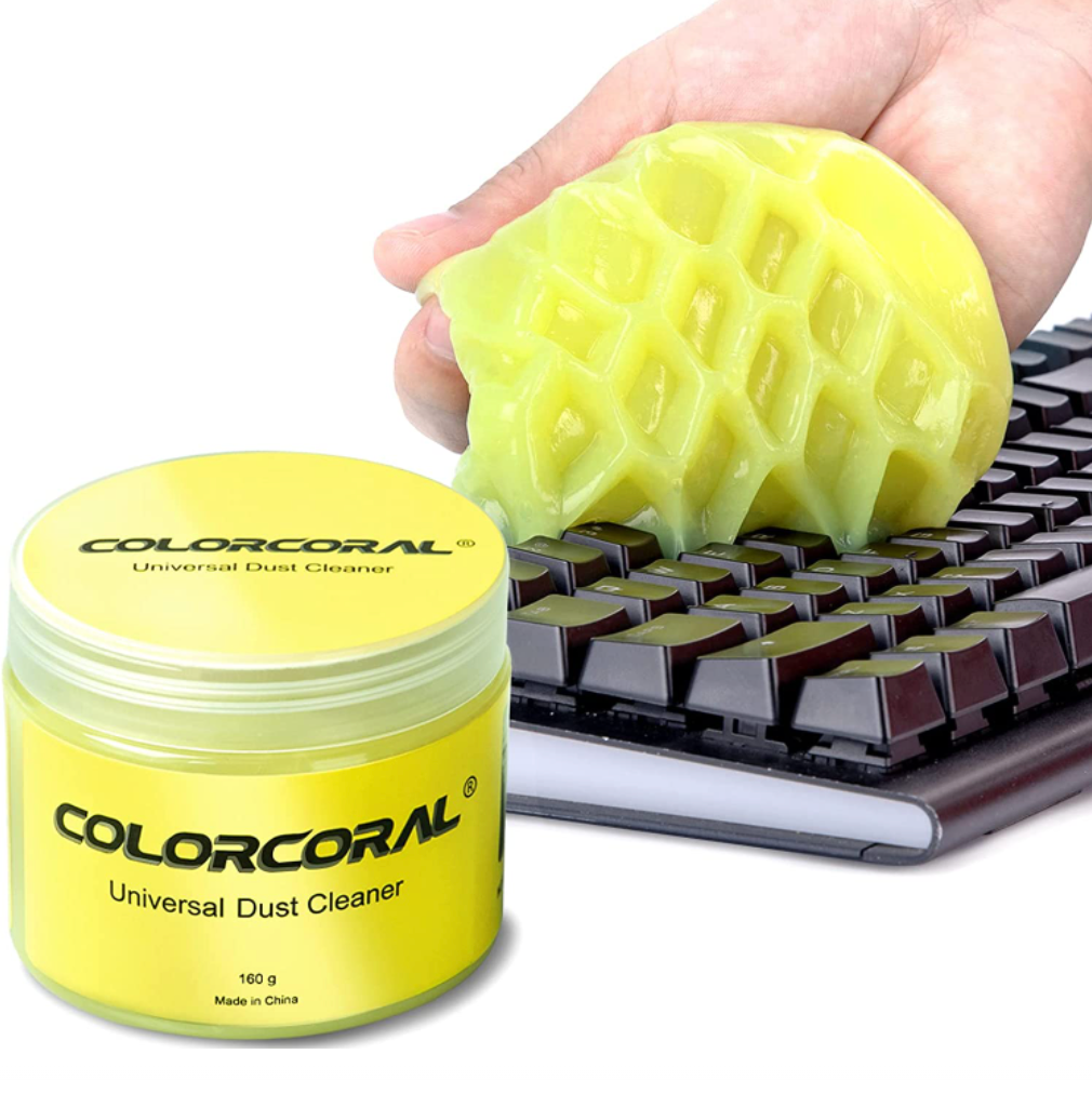 ColorCoral Cleaning Gel product image of yellow container next to someone using a yellow goo substance to clean black keyboard.
