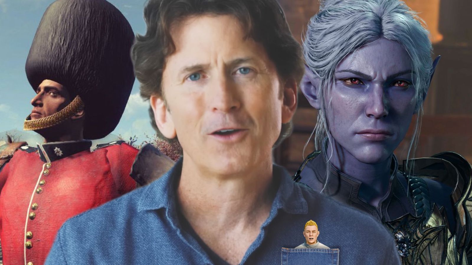 Starfield hype is already causing other devs to change their plans - Starfield creative director Todd Howard with an adoring fan in his pocket atop a background split in two. On the left, a Queen’s Guard from Fallout London poses; on the right, a character from Baldur’s Gate scowls 