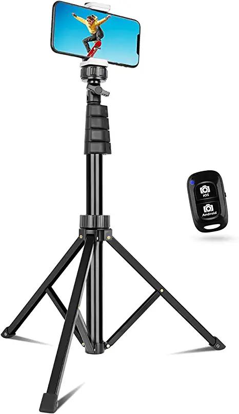 Sensyne product image of a smartphone connected to a black collapsable tripod.