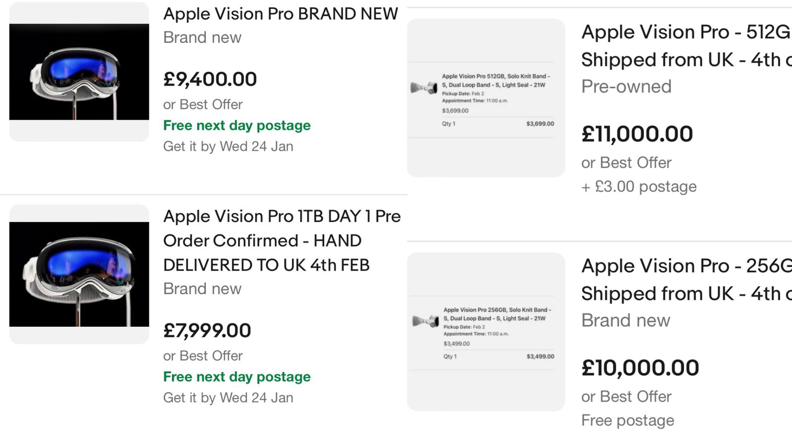 EBay listings of the Apple Vision Pro showing a huge markup in price