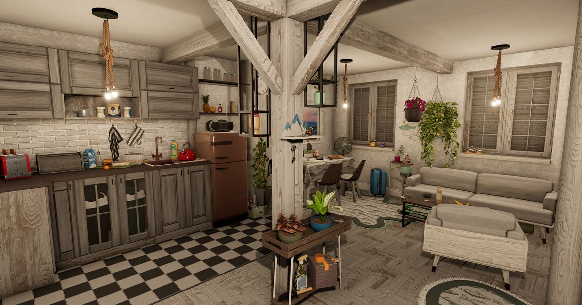 House Flipper 2 Game Pass - a house in wood with sofa and a kitchen