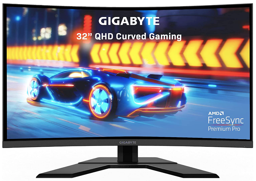 Gigabyte G32QC A product image of a black monitor with a Tron-like car lit up in blue racing on the display.