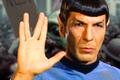 Humanity bursting into chaos after discovering aliens: Spock showing a Vulcan salute of peace whilst protestors scream 