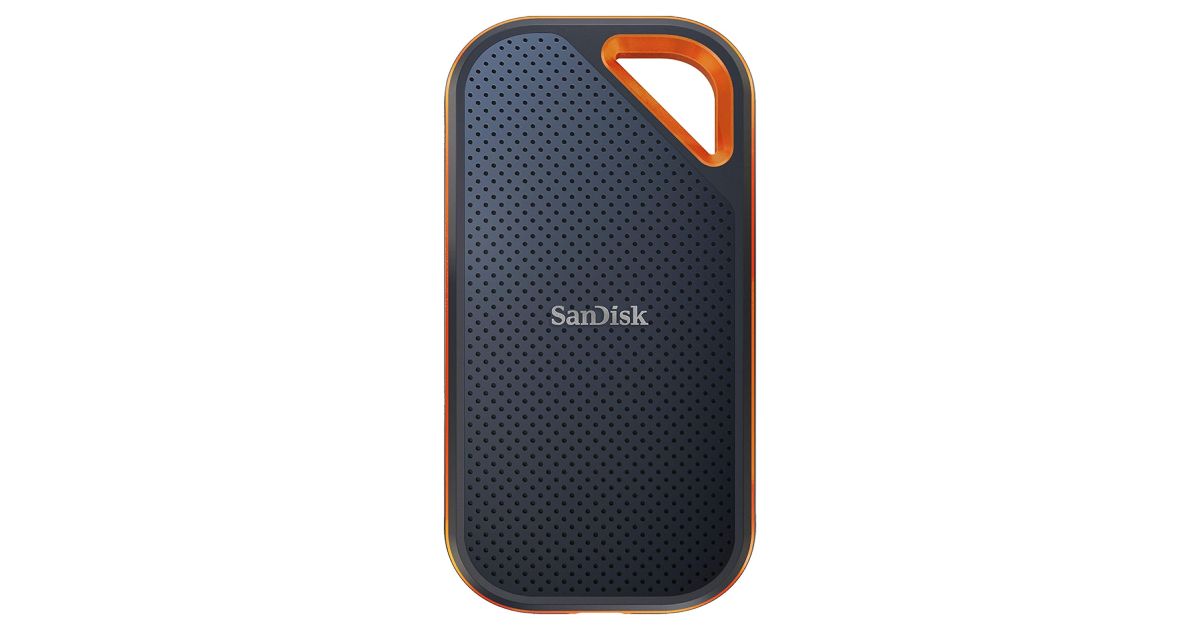 SanDisk SDSSDE81-4T00-G25 product image of a dark grey portable SSD with orange trim.