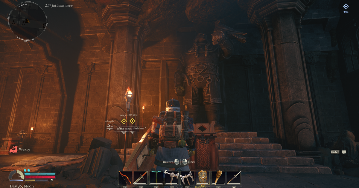 return to moria dwarf standing under Ori's Statue in Ori's old base