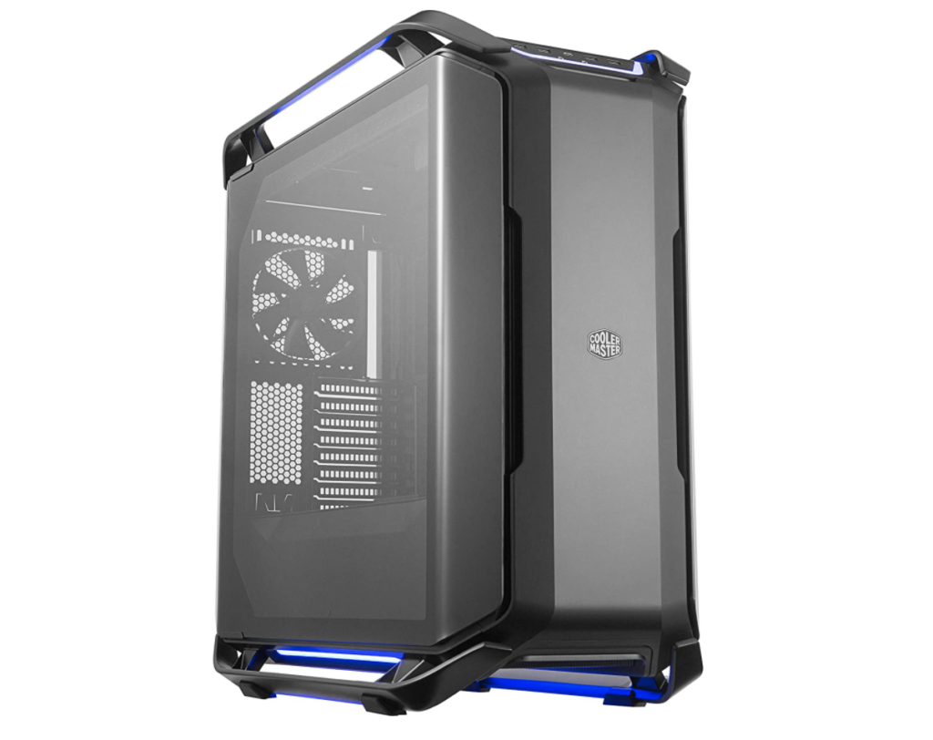 Cooler Master Cosmos C700P product image of a black PC with a clear panel on the side and a blue light underneath.