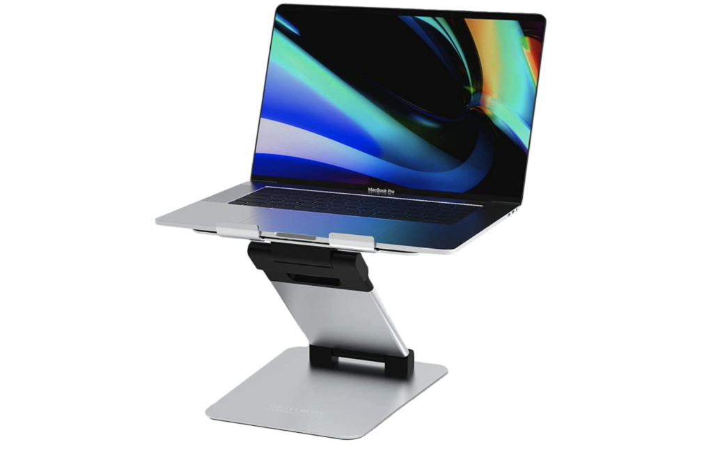 obVus Solutions Tower product image of an adjustable grey and black stand with a thing MacBook placed on top.