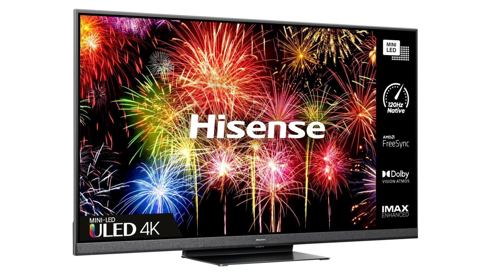 Best TV brands - Hisense U8H product image of a black TV featuring Hisense branding on the display in front of fireworks.