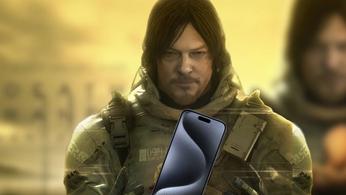 Sam Porter from Death Stranding holding a floating iPhone 15 Pro Max
