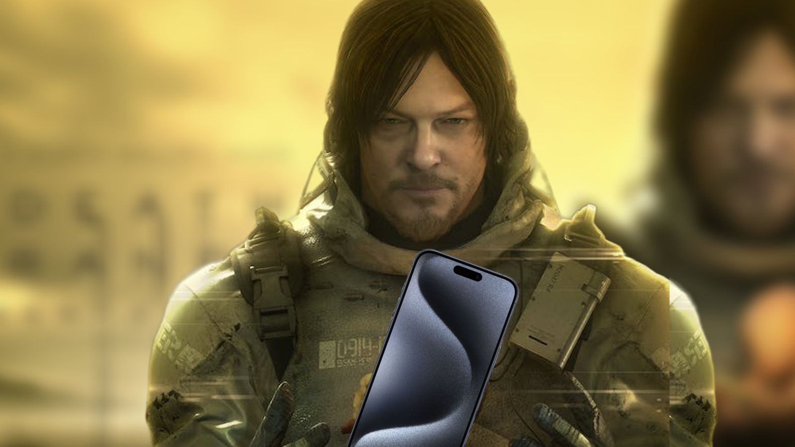 Sam Porter from Death Stranding holding a floating iPhone 15 Pro Max