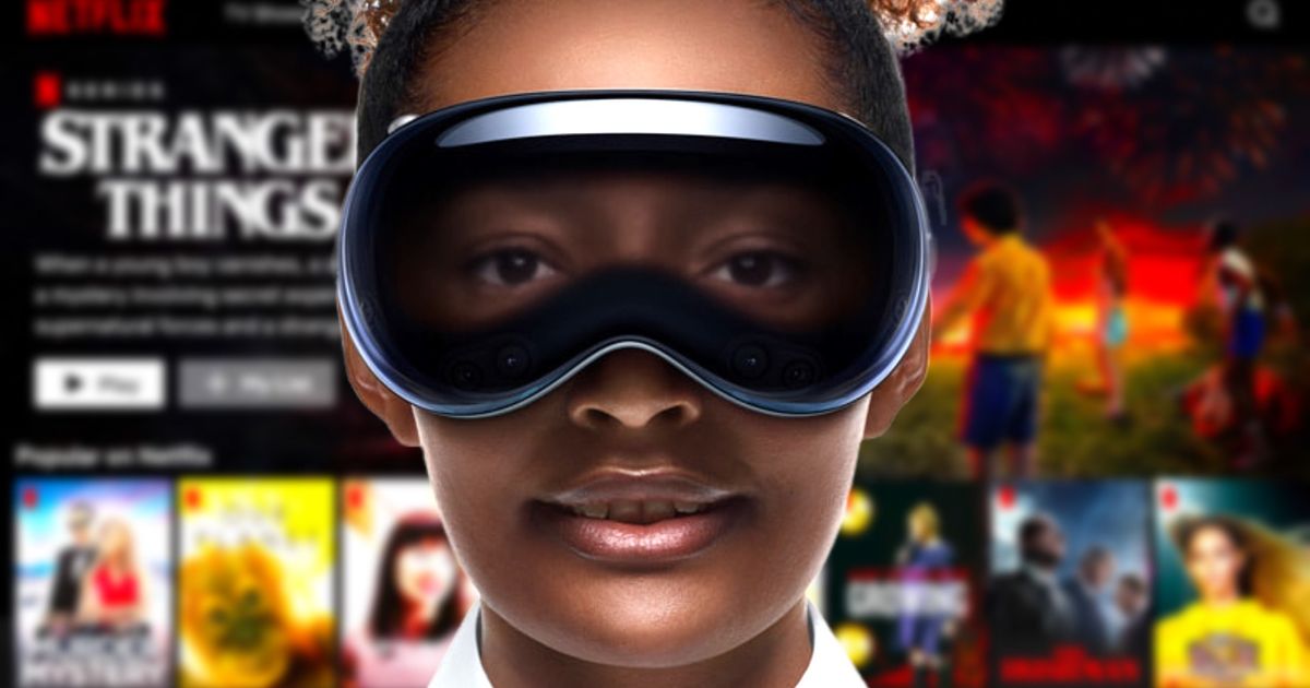 A woman wearing the Apple Vision Pro in front of the Netflix Home Screen