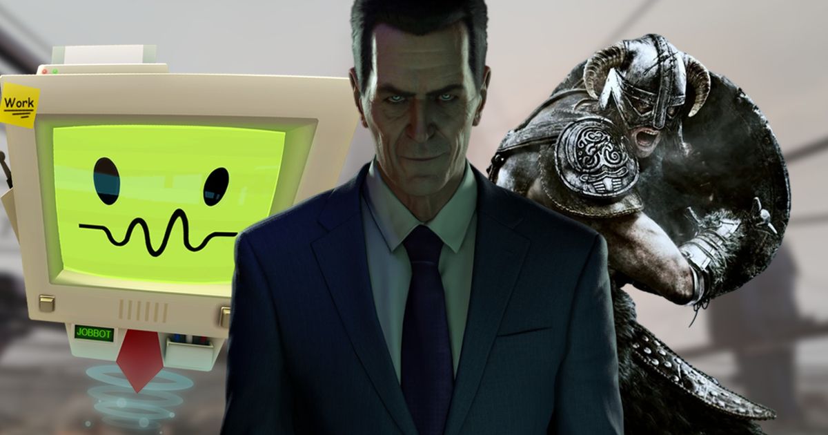 G-Man in front of the computer from Job Simulator and the Dovahkiin from Skyrim